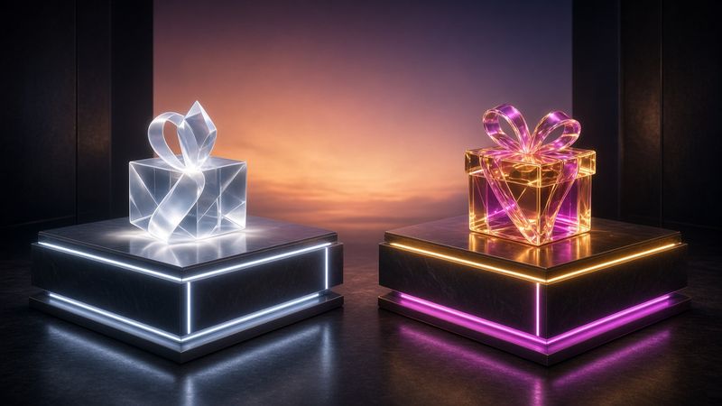 Illustration of two gift boxes on glowing plinths in a dark room, one clear glass and one gold with pink neon edges