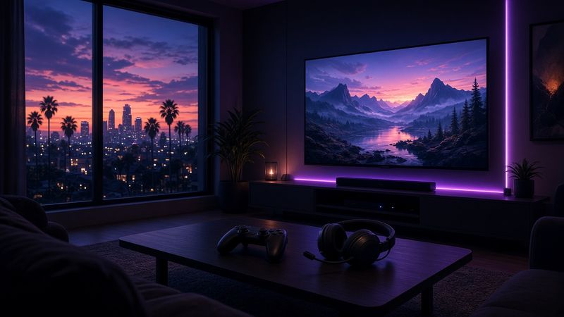 Illustration of a dark living room with a large TV, a games controller and headset on the coffee table, and a city skyline at dusk through the window