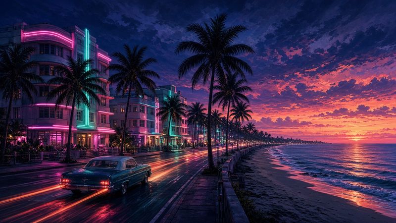Illustration of a beachfront boulevard at sunset, with neon-lit art deco hotels, palm trees and a classic car on the coast road