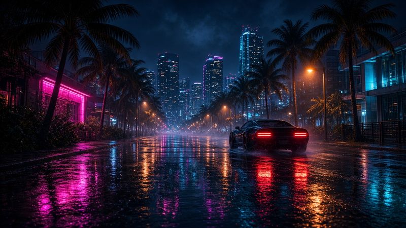 Illustration of a rain-soaked city street at night, palm trees and skyscrapers glowing pink and blue, a sports car's tail lights reflected on the road