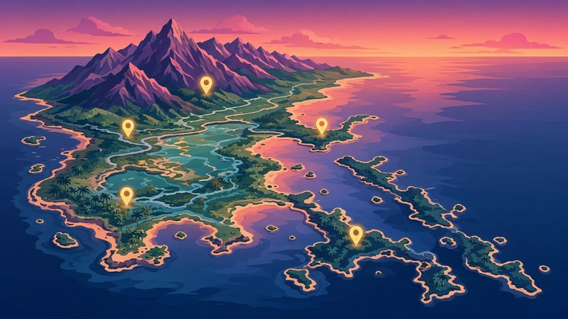Illustration of a stylised island map with a mountain peak, glowing coastline and yellow location pins on a purple evening sea
