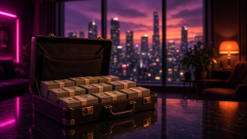 Illustration of an open briefcase stacked with banded cash in a dark penthouse, a lit city skyline beyond the window