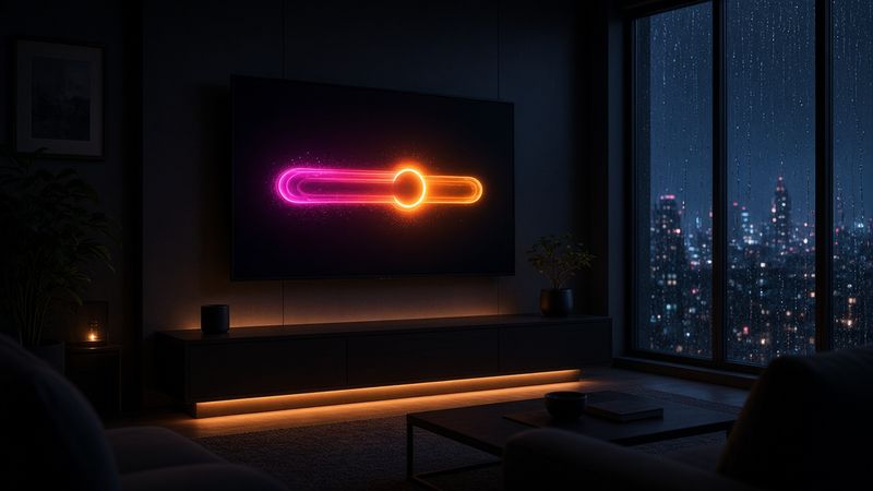 Illustration of a TV in a dark room showing a glowing pink and orange progress bar, with city lights and rain outside the window