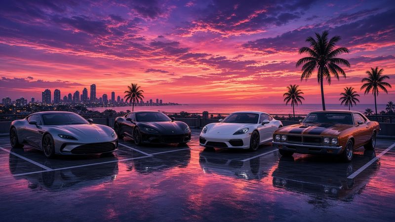 Illustration of sports cars and a classic muscle car parked on a wet waterfront lot under a pink and purple sunset with palm trees